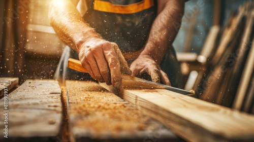 Some common examples of images of carpenters include sawing wood hammering nails and measuring with a tape measure, Generated by AI