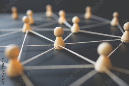 A group of wooden figures are connected by string