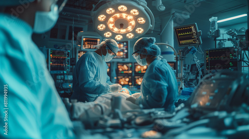 Concentrated Surgical team operating a patient in an operation theater. Well-trained anesthesiologist with years of training with complex machines follows the patient throughout the surgery. photo