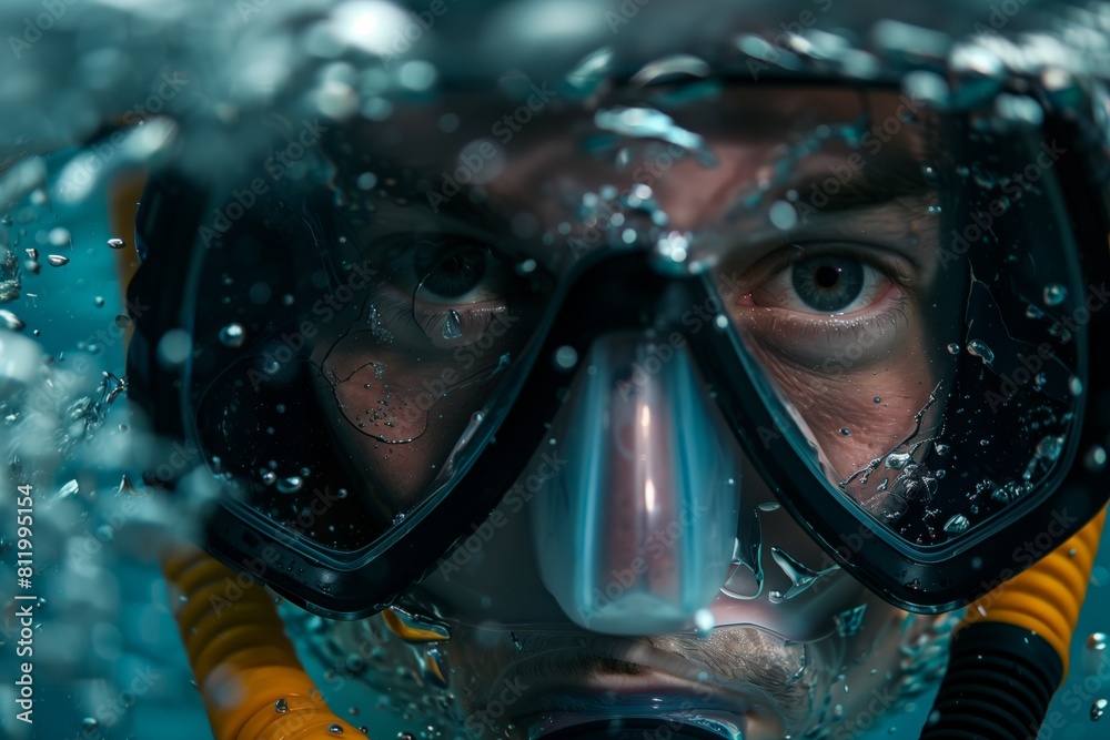 Close-up portrait of a man wearing a diving mask underwater Close-up portrait of a man wearing a diving mask underwater