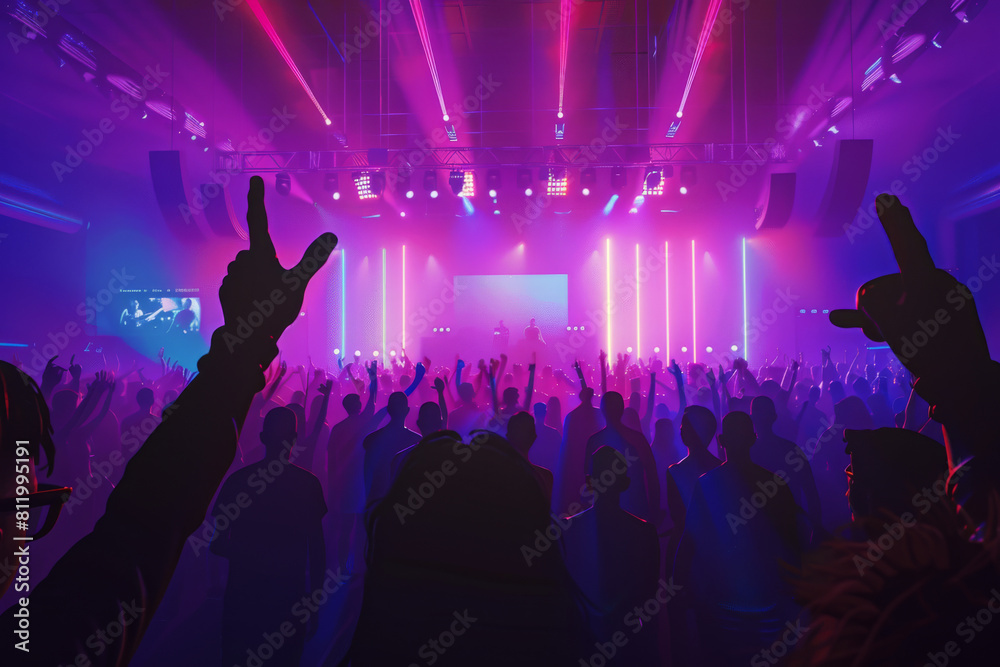 A crowd of people at a concert with their hands in the air A crowd of people at a concert with their hands in the air