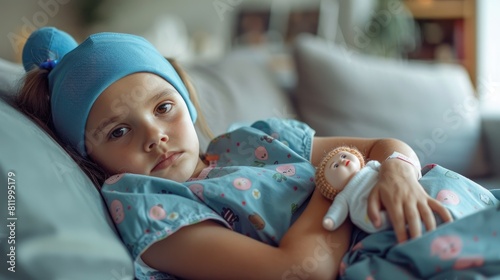 A young patient lies on the couch in a hospital gown holding her doll close She wears a blue hat covering her head Her expression is one of fatigue and illness embodying the essence of child