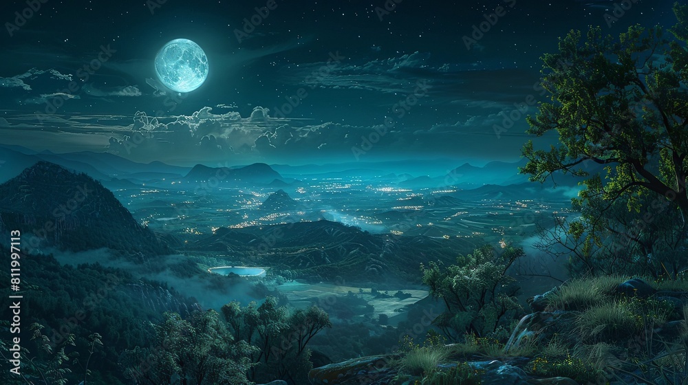 Enchanting Moonlit Landscape Panorama from Elevated Vantage Point