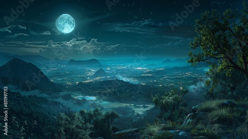 Enchanting Moonlit Landscape Panorama from Elevated Vantage Point