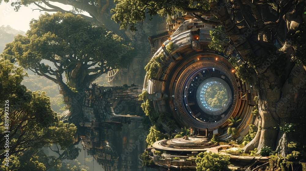 Futuristic Time Machine Concealed Within Lush Jungle Landscape with Ancient Foliage and Vines Futuristic Time Machine Concealed Within Lush Jungle Landscape with Ancient Foliage and Vines