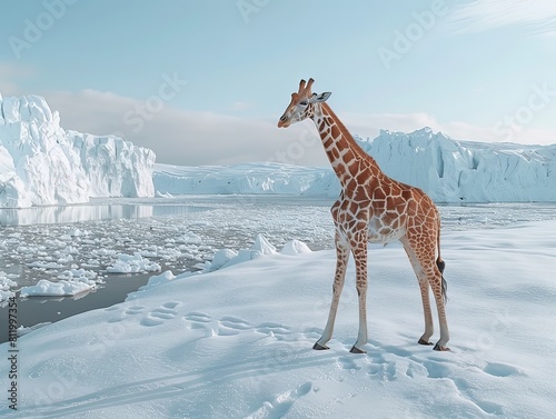 Giraffe Trekking Through the Icy Expanses of Antarctica Defying the Cold