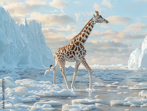 Giraffe Navigating Icy Terrain of Antarctica Adapted Long Legs Traversing Frozen Landscape photo