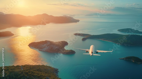 White passenger plane flying over beautiful islands and clear sea during summer. Travel and resort concept, tourism.