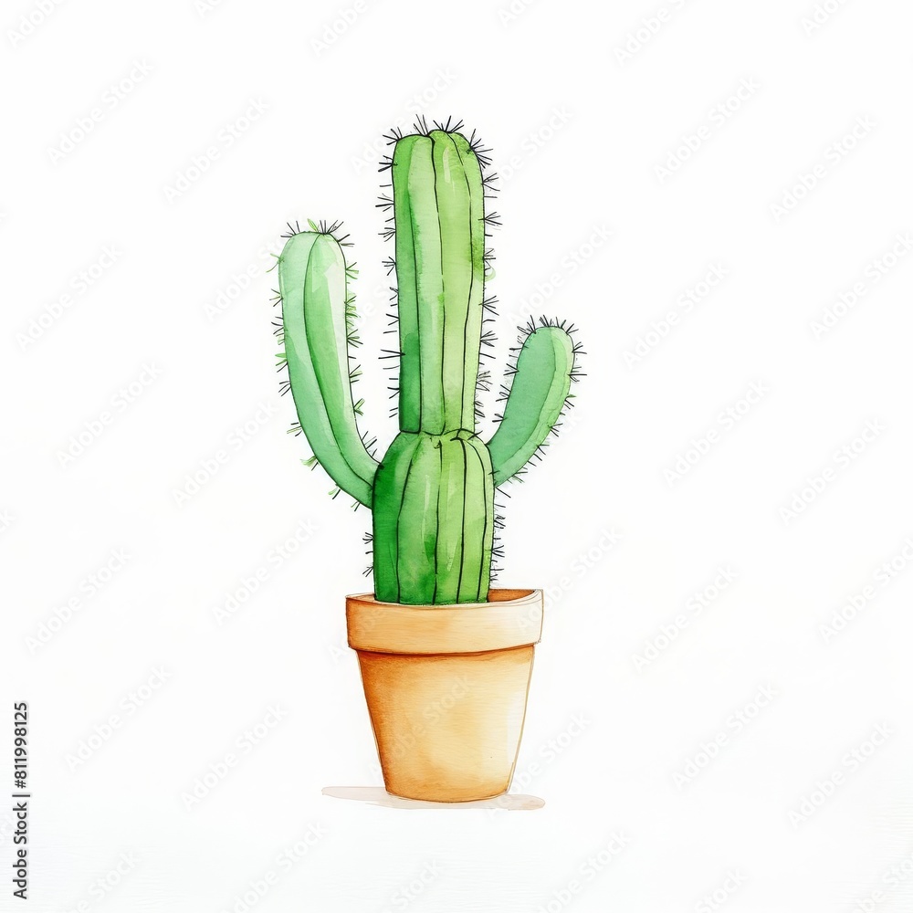 Watercolor Illustration of A Potted Cactus Watercolor Illustration of A Potted Cactus