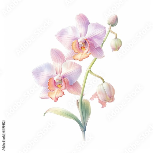 Watercolor Drawing of Pink Orchid Flowers.