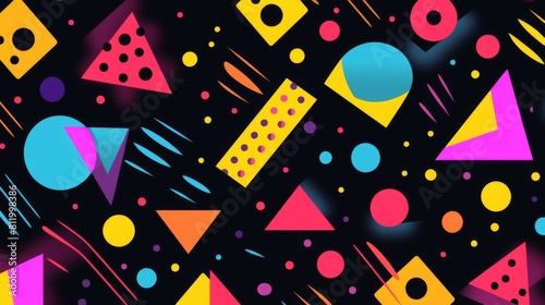 seamless pattern with geometric shapes in the style of 90s ,shapes are bright circles, triangles