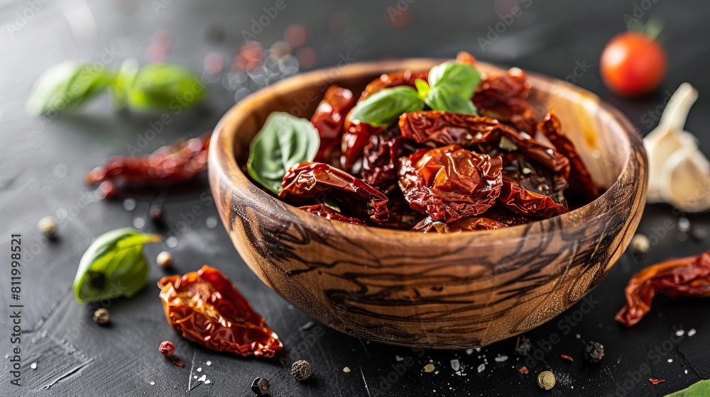 Sun-Dried Tomatoes in Wooden Bowl with Basil | Close-up of Mediterranean Cuisine Ingredient for Gourmet Food Photography and Recipe Illustrations Sun-Dried Tomatoes in Wooden Bowl with Basil | Close-up of Mediterranean Cuisine Ingredient for Gourmet Food Photography and Recipe Illustrations