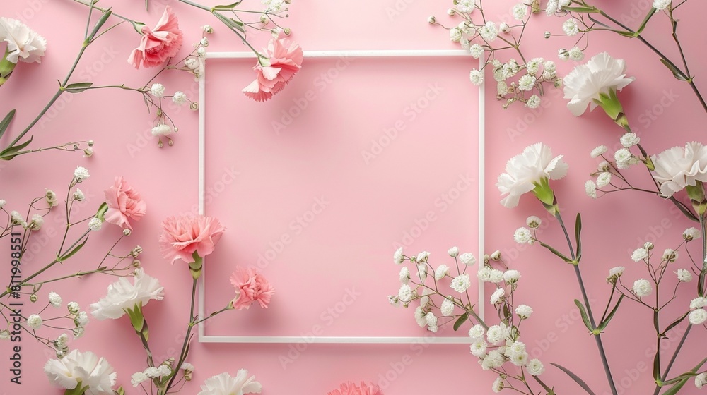 Creative spring greeting card design. Branches of white, and pink gypsophila and fresh carnations flowers with square photo frame on pastel pink background. Birthday, Mother's Day.