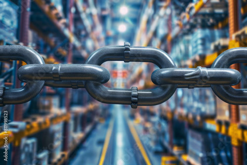 A chain in a warehouse with a blurred background