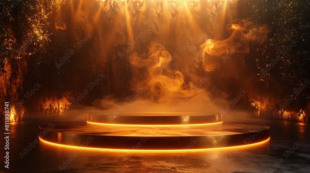 Dramatic Golden Podium with Fiery Smoke Effects for High-Impact Product Display