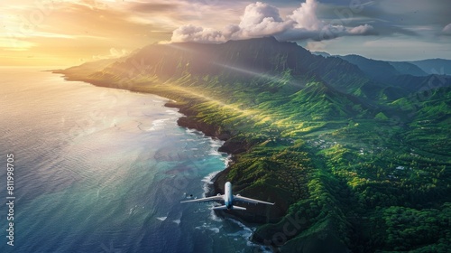 Plane flying over green islands and sea, travel and tourism concept