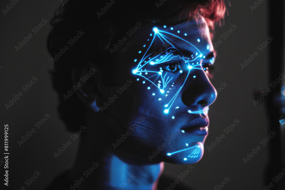 A close up of a person 's face with glowing lines on it A close up of a person 's face with glowing lines on it