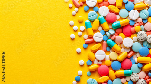 Top view: Array of colorful pills on a yellow surface, depicting diverse medications photo