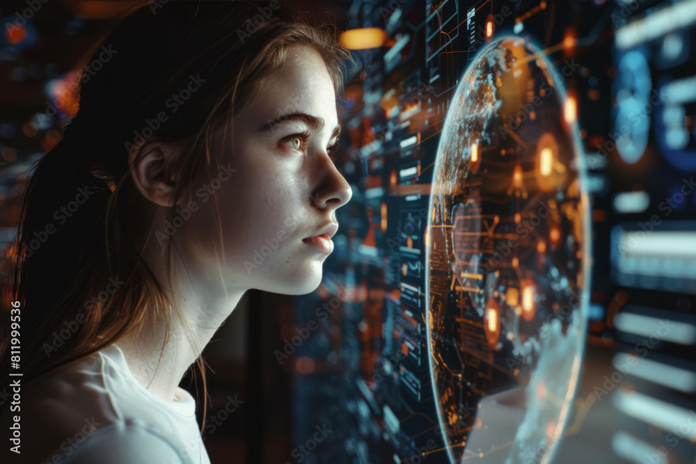 A woman looks at a computer screen with a globe on it A woman looks at a computer screen with a globe on it