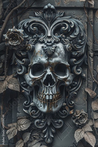 Ornate Gothic Carved Metal Skull Sculpture 