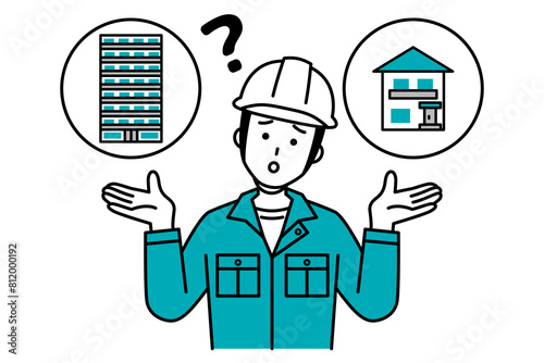 戸建てかマンションの選択肢を迷っている作業員の男性
