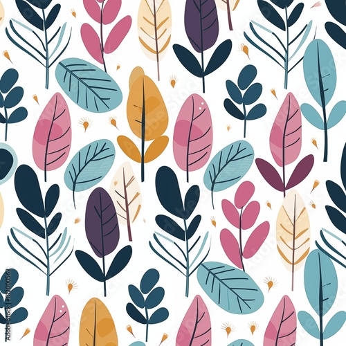 Colorful botanical pattern with assorted leaf illustrations