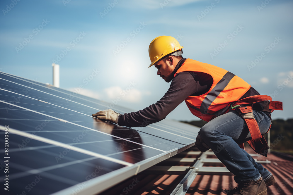 Worker installing solar panels on roof Worker installing solar panels on roof