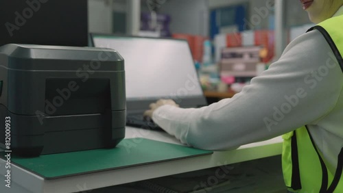 Woman uses a laptop or notebook to print bar code stickers on a bar code printer. Selective focus at sticker barcode.