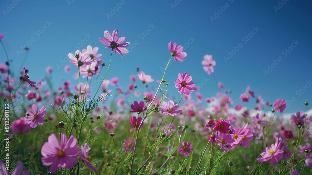 field of pink cosmos flowers under the blue sky