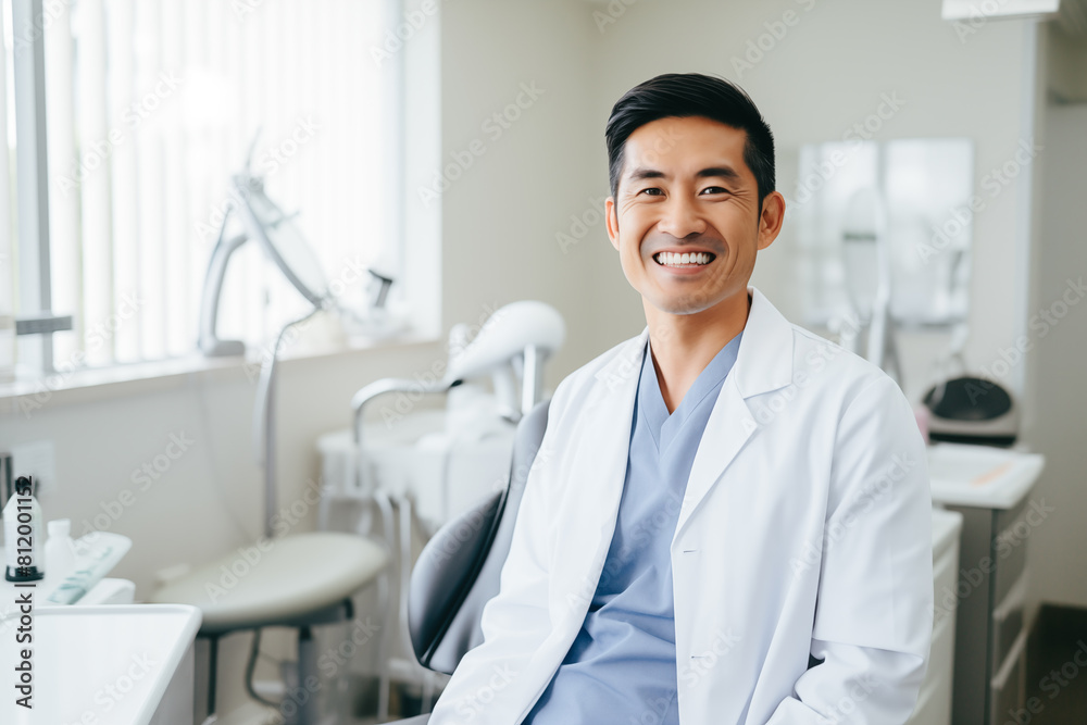Fototapeta premium Smiling Asian dentist in his clinic consultation