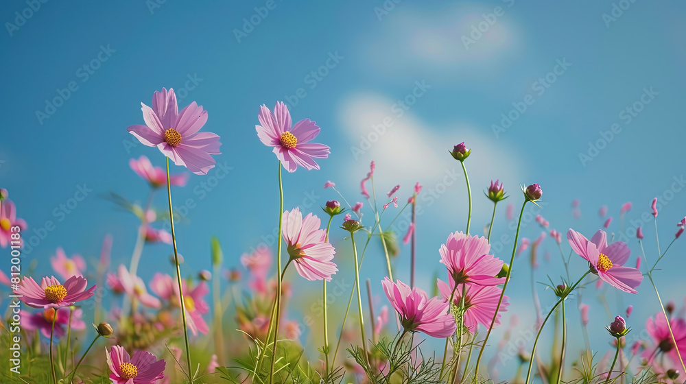 macro photography of pink cosmos flowers with sky view macro photography of pink cosmos flowers with sky view