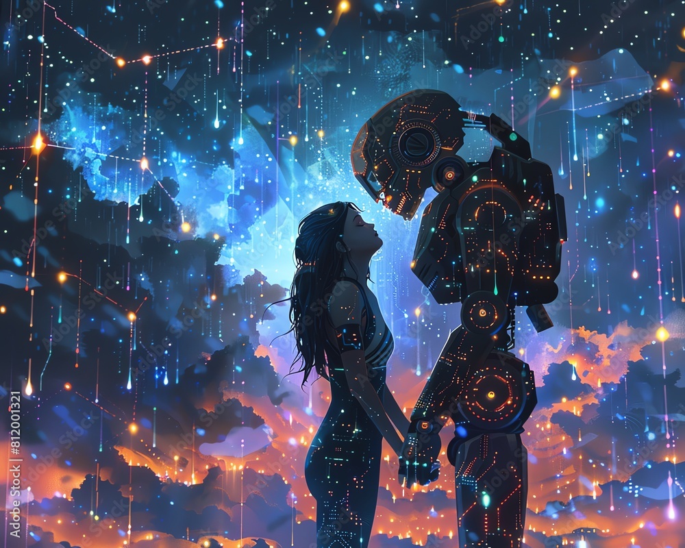 Design a surreal composition showcasing a romantic encounter between a humanoid robot and a human Design a surreal composition showcasing a romantic encounter between a humanoid robot and a human