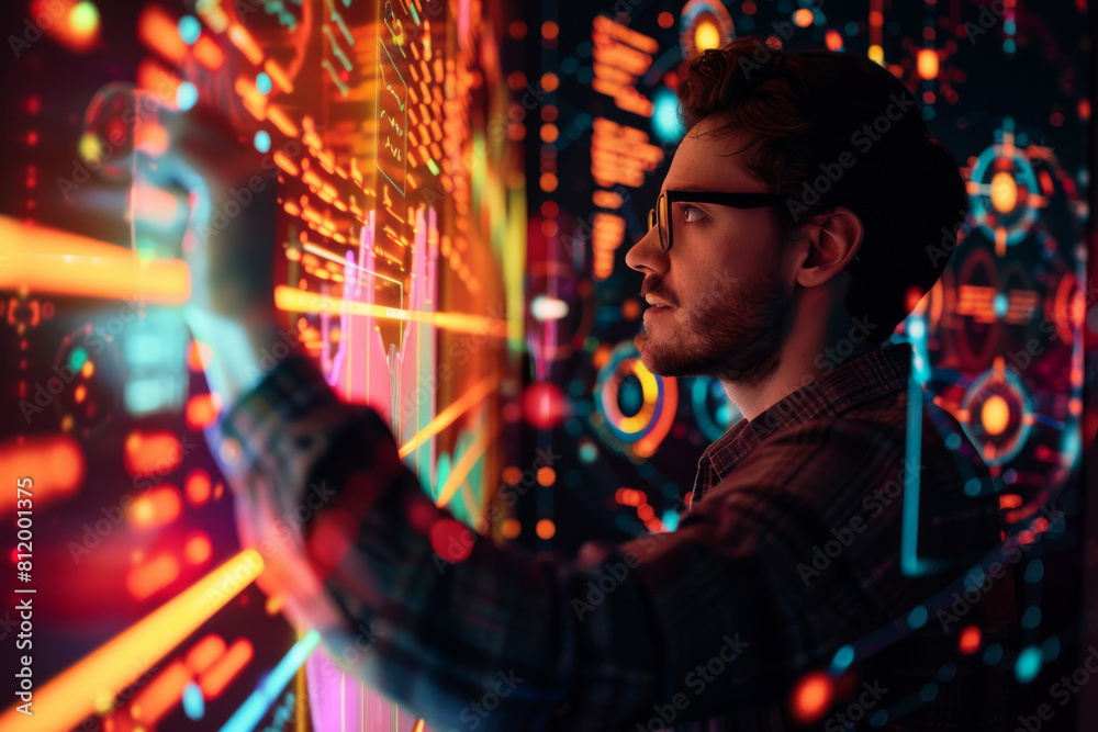 Fototapeta premium A man wearing glasses is looking at a colorful screen