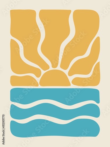 The sun and beach in aesthetic curves, 70s style vector illustration for prints. Aesthetic contemporary groovy design for different purposes.