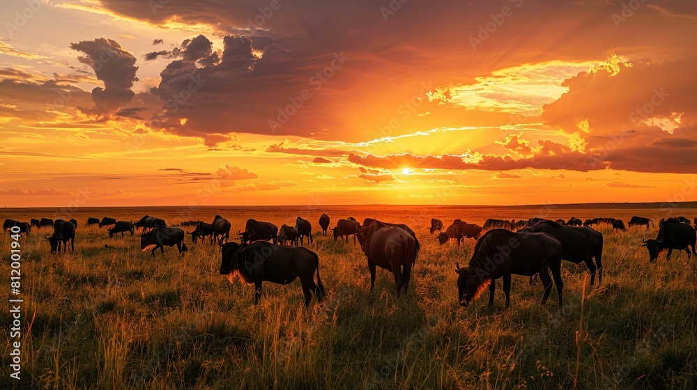 African Wildebeest Herd Grazing at Sunset | Wildlife Photography for Nature Documentaries, Safari Tourism, and Conservation Campaigns African Wildebeest Herd Grazing at Sunset | Wildlife Photography for Nature Documentaries, Safari Tourism, and Conservation Campaigns