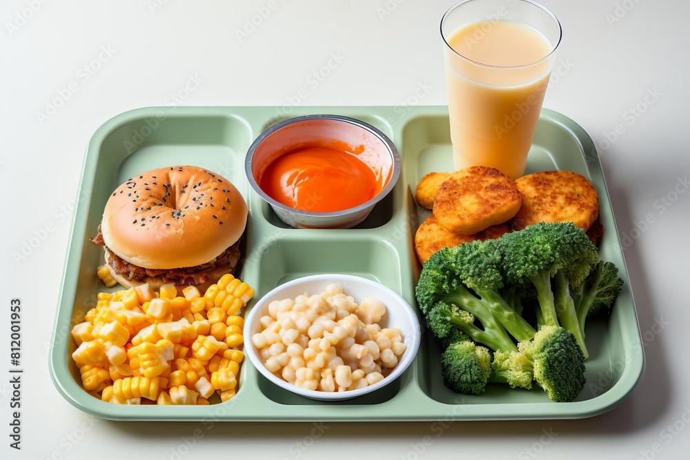 A delicious and nutritious school lunch with a variety of food items, including a sandwich, fruit, vegetables, and milk. A delicious and nutritious school lunch with a variety of food items, including a sandwich, fruit, vegetables, and milk.