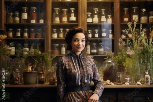 A Whimsical Journey into Nature's Bounty: An Enchanting Herbalist Shop Backdrop for a Close-Up Portrait of a Modern-Day Apothecary