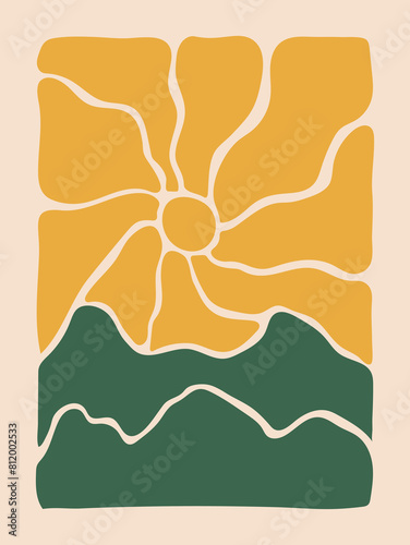 The sun and the mountains in aesthetic curves, 70s bohemian style vector illustration for prints. Aesthetic contemporary groovy design for wall prints or other purposes.