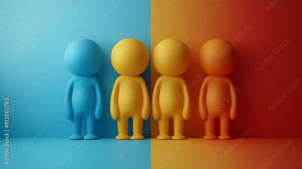 Four people are standing in front of a wall with a blue and red background Four people are standing in front of a wall with a blue and red background
