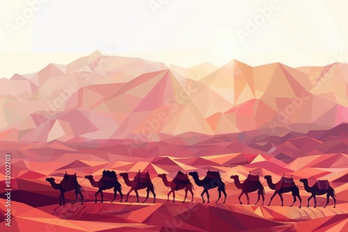 A group of camels walking across a desert. Suitable for travel brochures or desert adventure themes