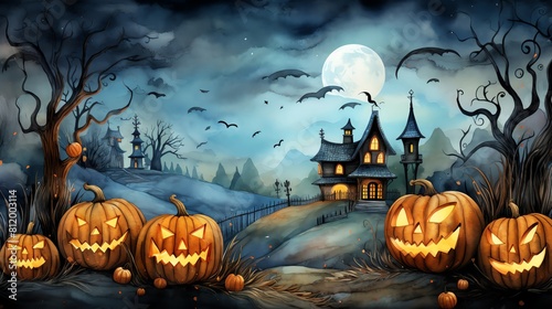 A dark and spooky night. The moon is full and the bats are flying. The haunted house is in the distance and the pumpkins are glowing.