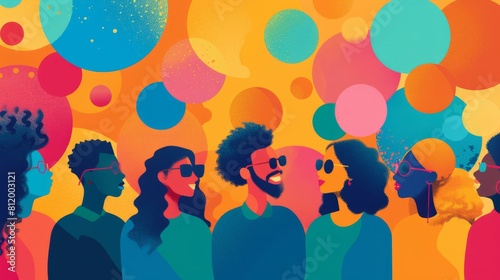 A group of people are standing together in a colorful background