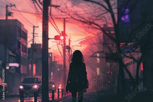 A woman walking down a city street at night. Suitable for urban lifestyle concept