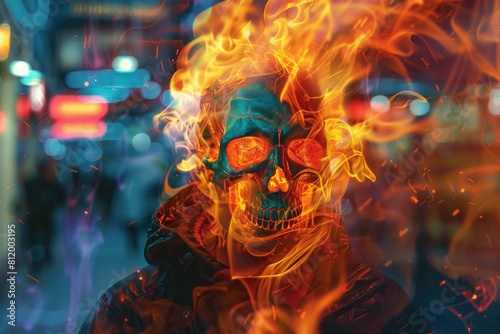 A man with a burning skull on his face. Suitable for Halloween themes