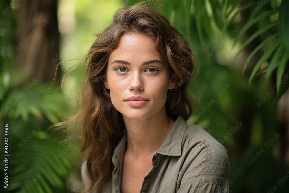 A Serene Gaze into the Wild: A Young Woman's Portrait Captured Against the Lush Backdrop of a Bustling Wildlife Sanctuary A Serene Gaze into the Wild: A Young Woman's Portrait Captured Against the Lush Backdrop of a Bustling Wildlife Sanctuary