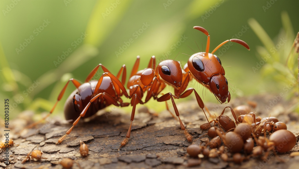  Red ants are holding a small brown ball