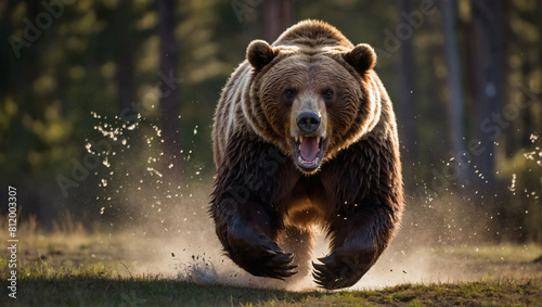 Terrifying sight, enraged grizzly bear hurtles towards the camera in a burst of fury. photo