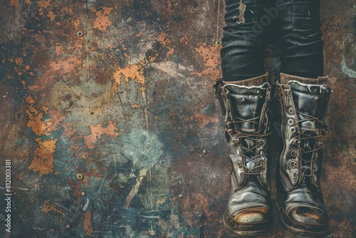 Pair of boots resting on rustic wooden floor. Suitable for lifestyle or fashion themes