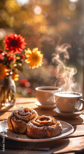 Sunlight streams through an open window onto breakfast: cinnamon rolls and coffee, with flowers on the table in the background.