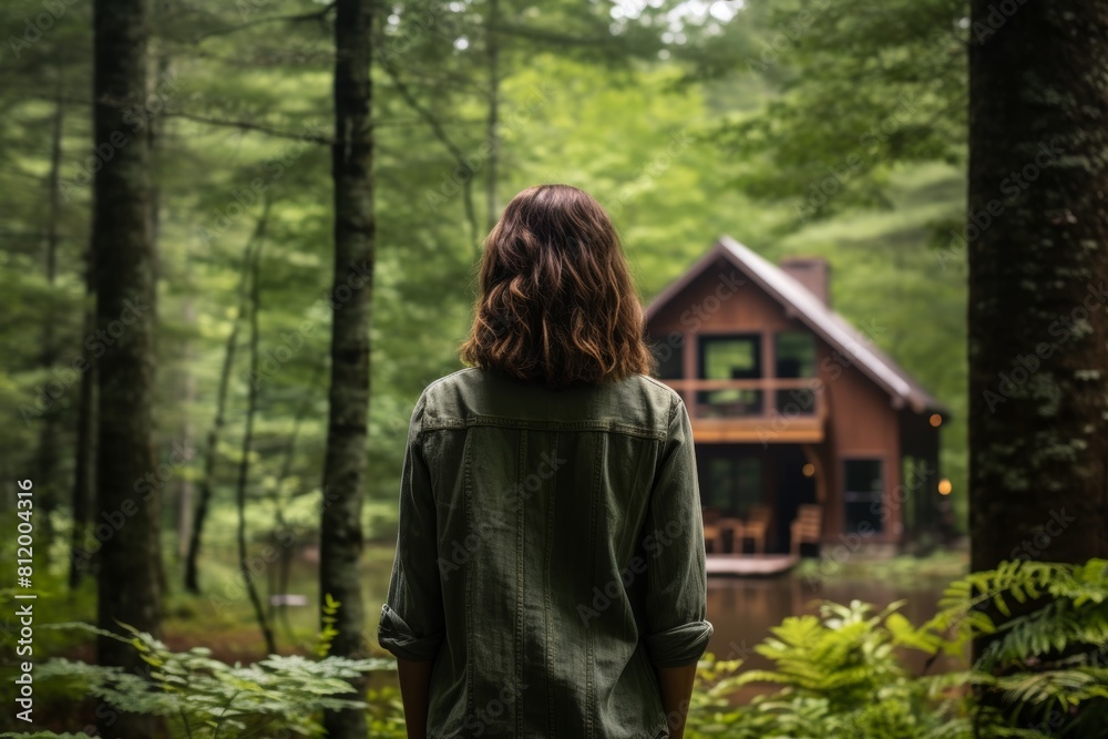 A Serene Portrait of a Contemplative Individual Standing Before a Rustic Cabin Nestled Deep Within a Lush Forest Retreat A Serene Portrait of a Contemplative Individual Standing Before a Rustic Cabin Nestled Deep Within a Lush Forest Retreat